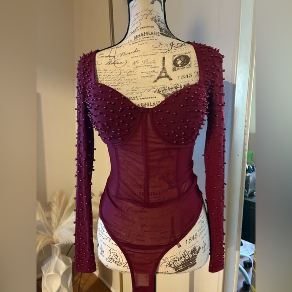 Windsor Tops - Burgundy Faux Pearl Corset Bodysuit by Windsor